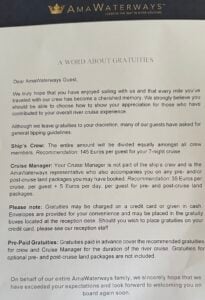 How much are gratuities tips onboard an AMA Waterways river cruise